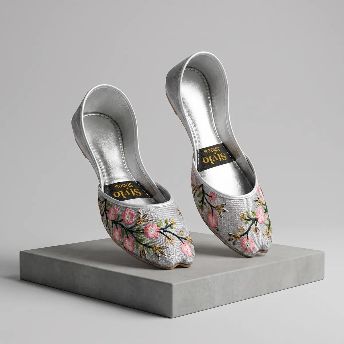 Women’s Metallic Silver Floral Embroidered Fancy Khussa thumbnail 5