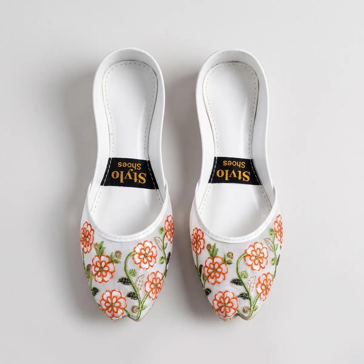 White Floral Embroidered Khussa Shoes