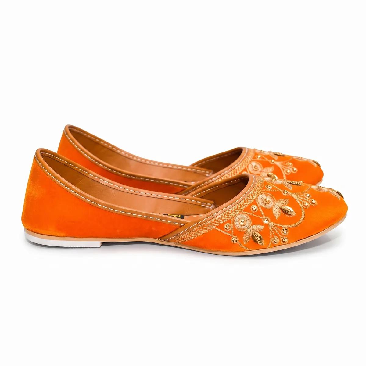 Bright Orange Embroidered Velvet Khussa