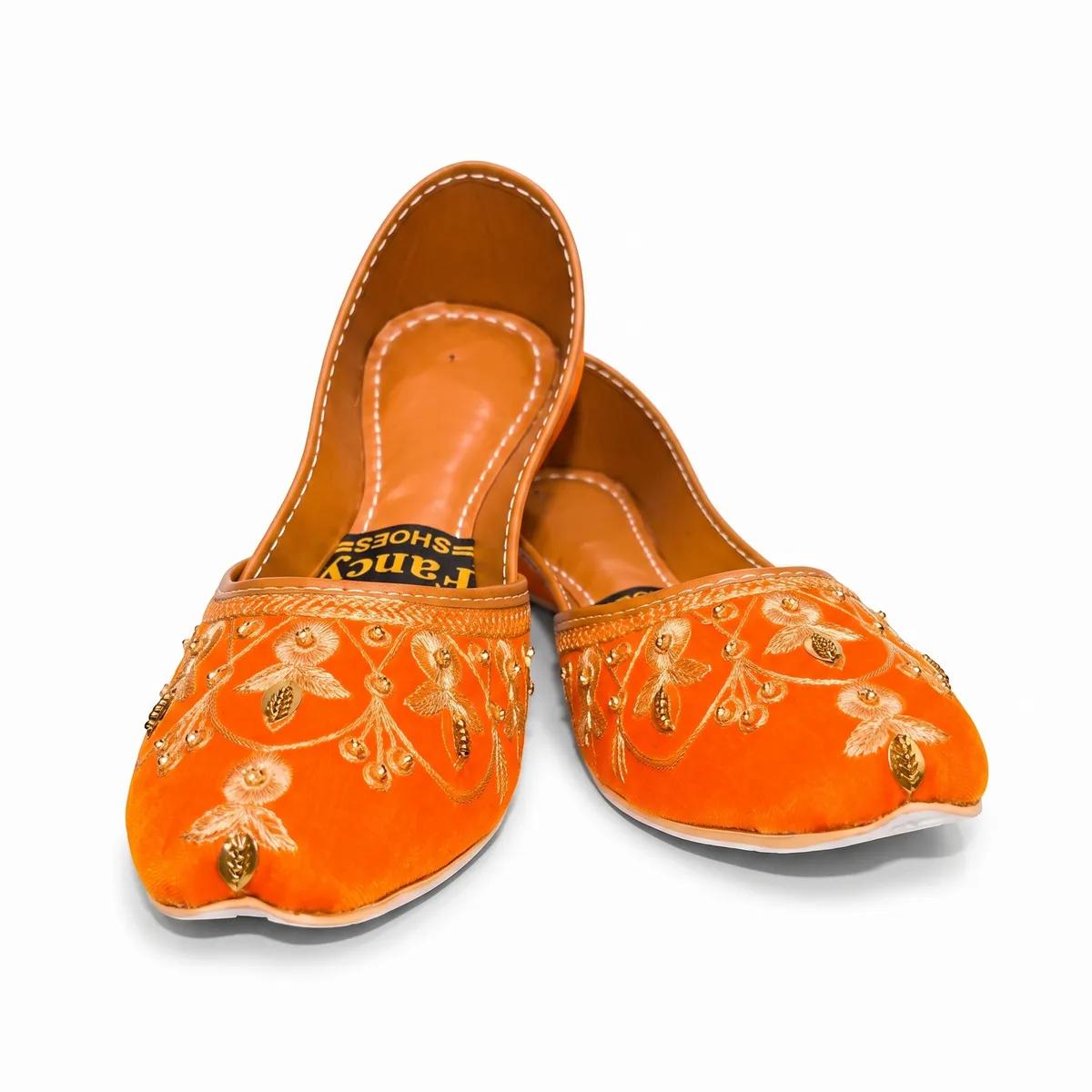 Bright Orange Embroidered Velvet Khussa